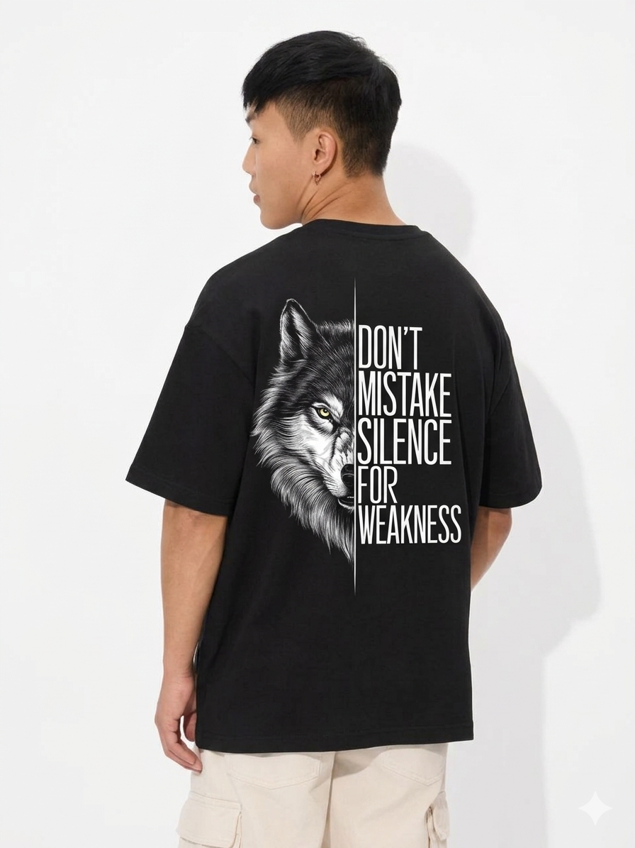 mens-oversized-black-graphic-t-shirt-wolf-print-dont-mistake-silence-for-weakness-streetwear-tee